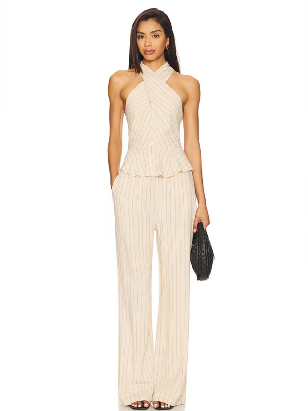 Sleeveless Halter Peplum Jumpsuit in Cream
